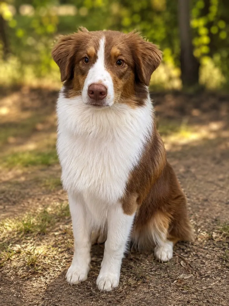 Red Willow, red tri Australian Shepherd, standing in a Placerville field